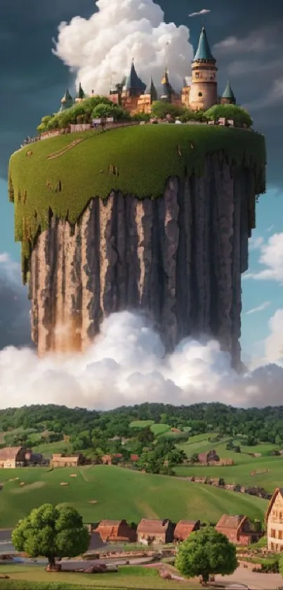 Floating castle over a scenic green countryside village with clouds.