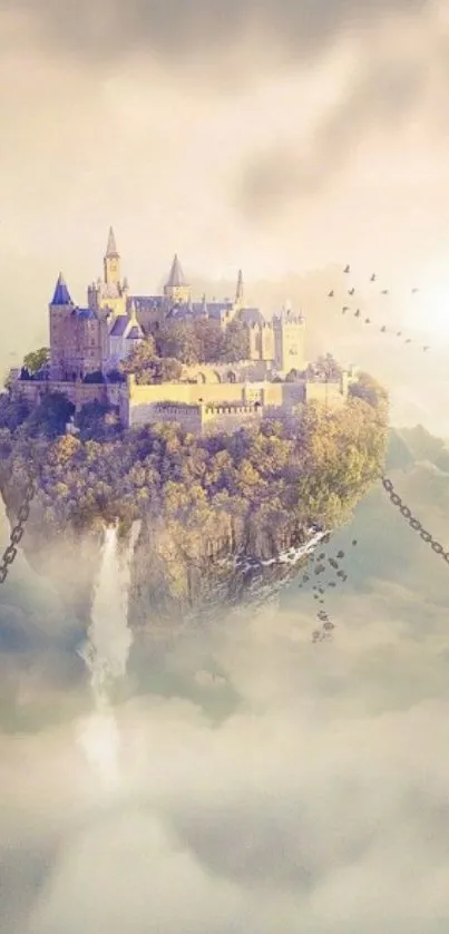 Fantasy wallpaper with floating castle in clouds, ideal for mobile devices.