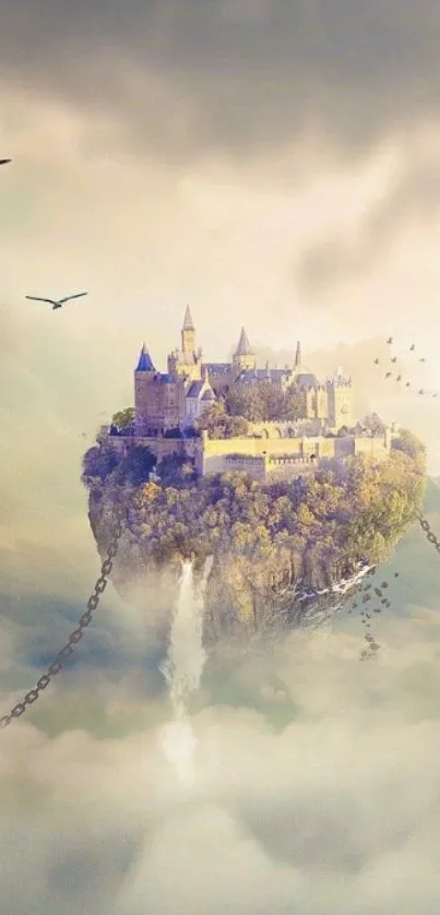 Floating castle fantasy wallpaper with chains and clouds.