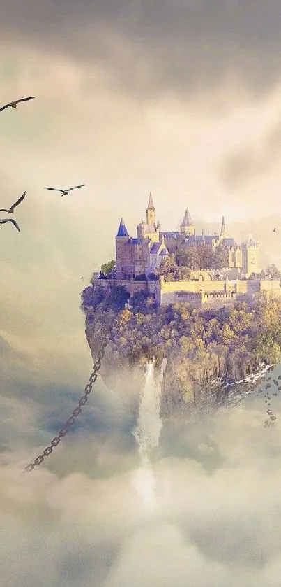 Floating castle among clouds with chains and birds.