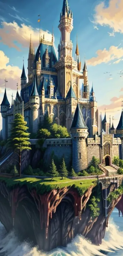 A majestic floating castle on a lush island amid serene waters and a blue sky.
