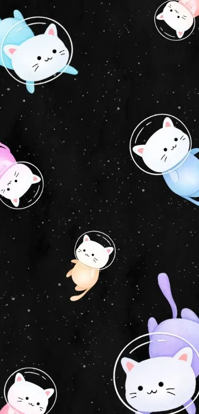 Cute cats floating in a starry space-themed wallpaper.