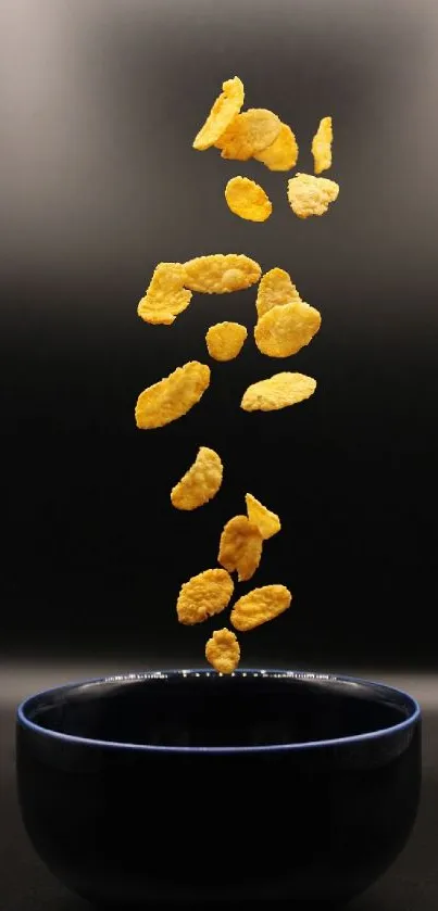 Floating cornflakes above a dark bowl with black background.