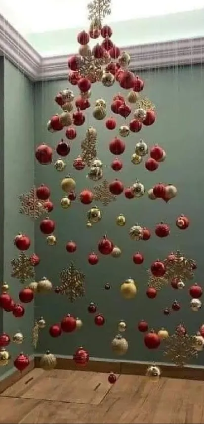 Floating Christmas tree with red and gold ornaments.