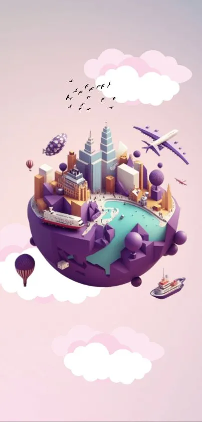 Floating city globe with skyscrapers and vehicles on a violet backdrop.