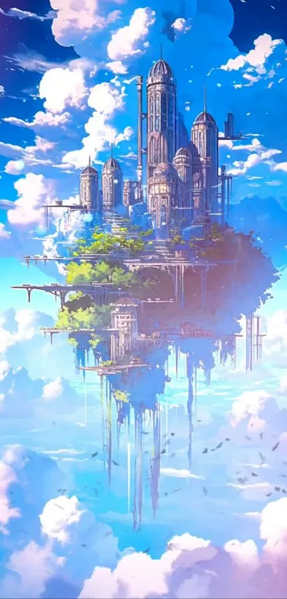 A floating city amidst fluffy clouds and a vibrant blue sky.