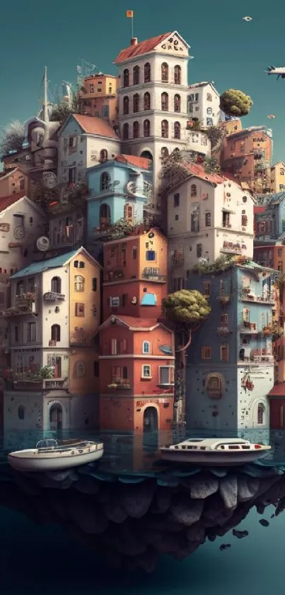 Whimsical floating cityscape with vibrant houses and boats, in fantasy style art.