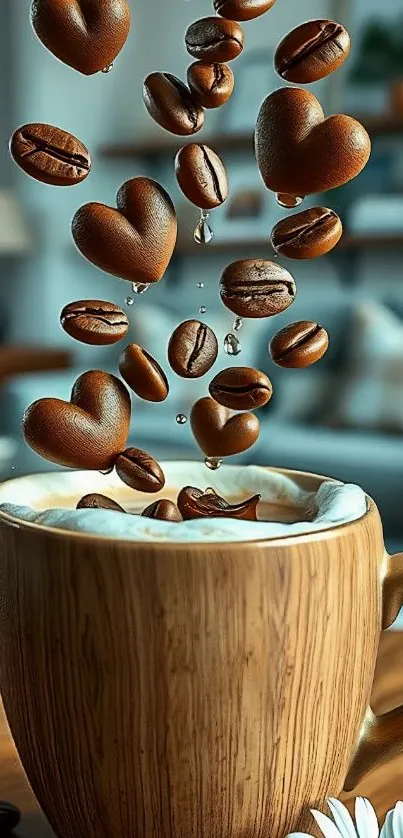Coffee beans and heart shapes floating above a wooden mug.