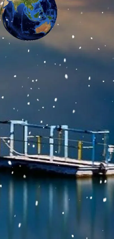 Floating dock with cosmic Earth and falling snowflakes under a calm blue night sky.