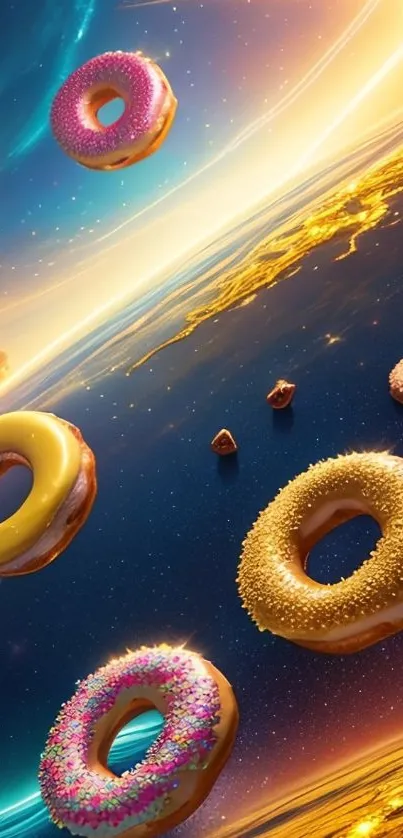 Floating vibrant donuts in cosmic space.