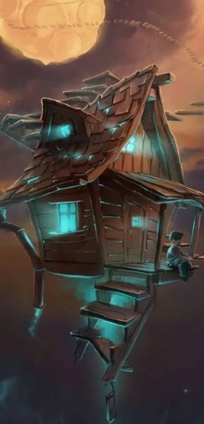 Floating fantasy house in teal glow under mystical moonlight.