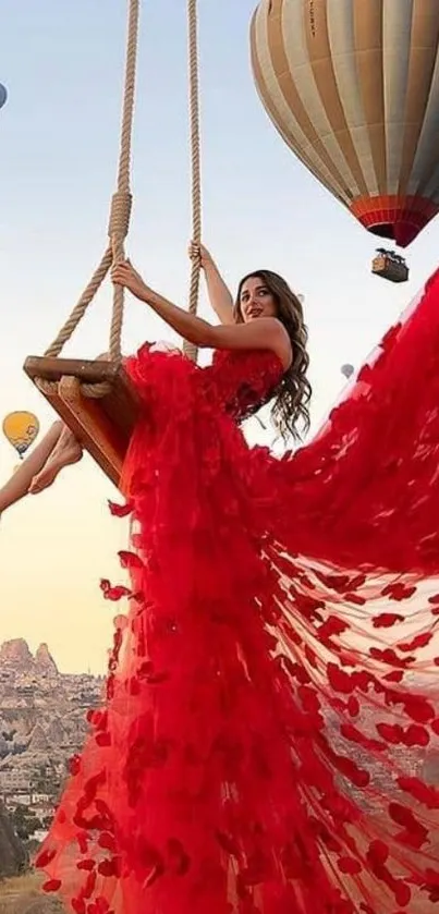 Woman on swing in red dress amid hot air balloons.