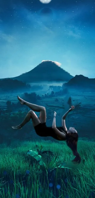 Floating figure in a moonlit landscape with a mountain backdrop.