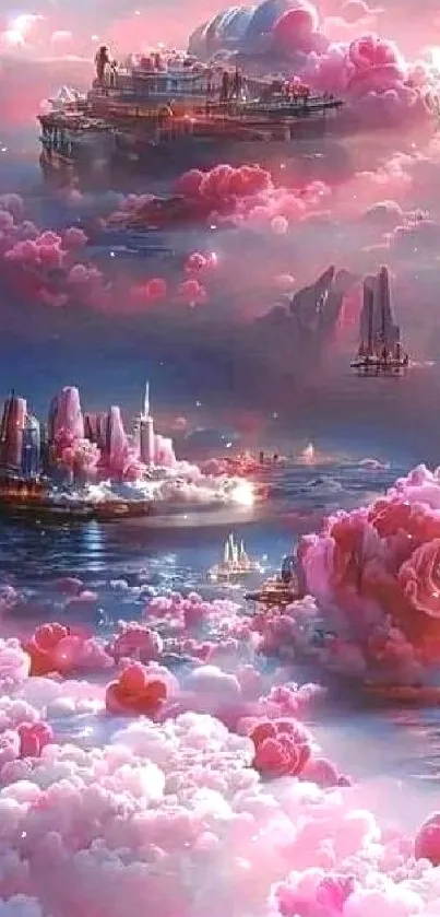 Fantasy wallpaper with floating ships, pink clouds, and serene landscapes.