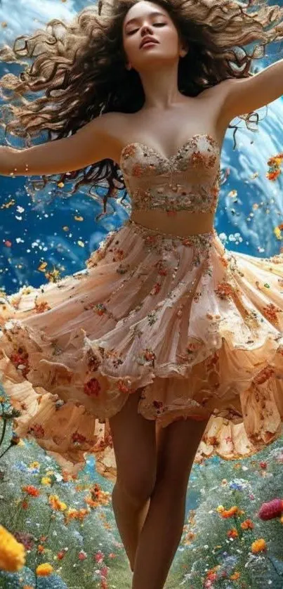 Woman in floral dress floating among flowers with Earth in the background.