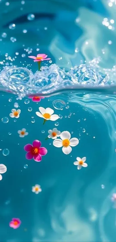 Colorful flowers floating in shimmering blue water enhancing beauty.