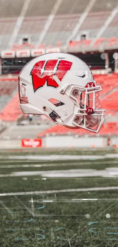 Floating football helmet in empty stadium, highlighting sports dynamics.