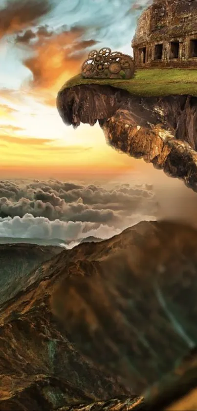 Fantasy landscape with floating fortress over mountains.