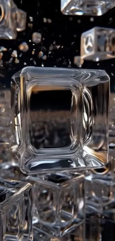 Floating glass cubes against a dark background.