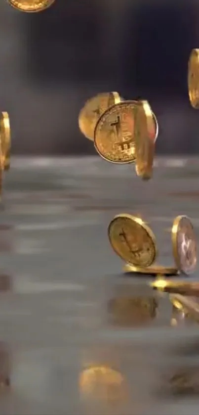 Floating gold coins in motion with a blurred background.