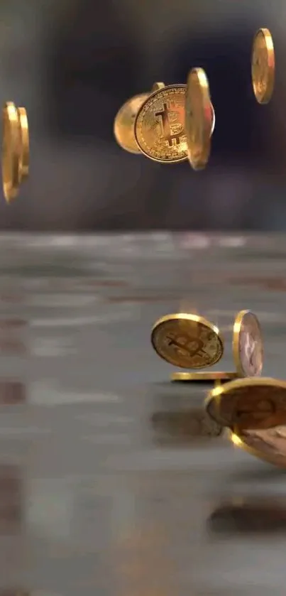 Floating golden coins with blurred background.