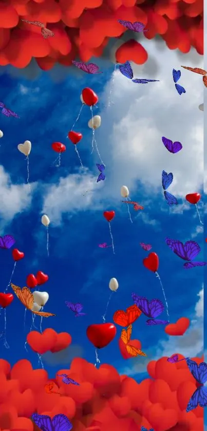 Heart-shaped balloons floating in a blue sky with white clouds.