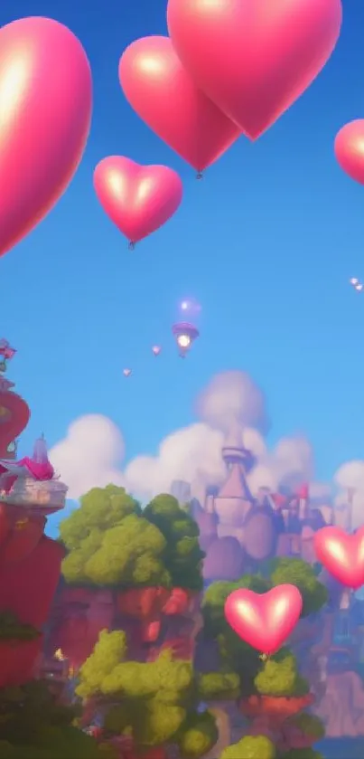 Floating heart balloons in a blue sky.