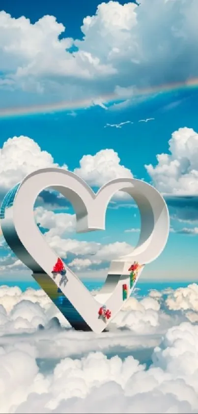 Heart-shaped sculpture amidst fluffy clouds and blue sky.