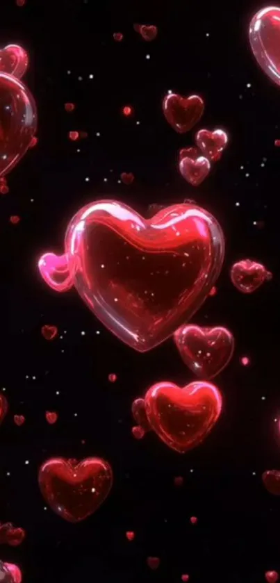 Floating red hearts on dark background wallpaper.