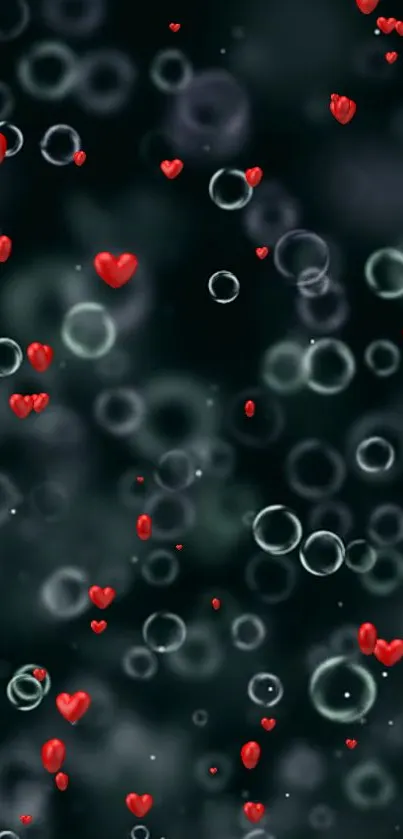 Mobile wallpaper with red hearts and bubbles on a black background.