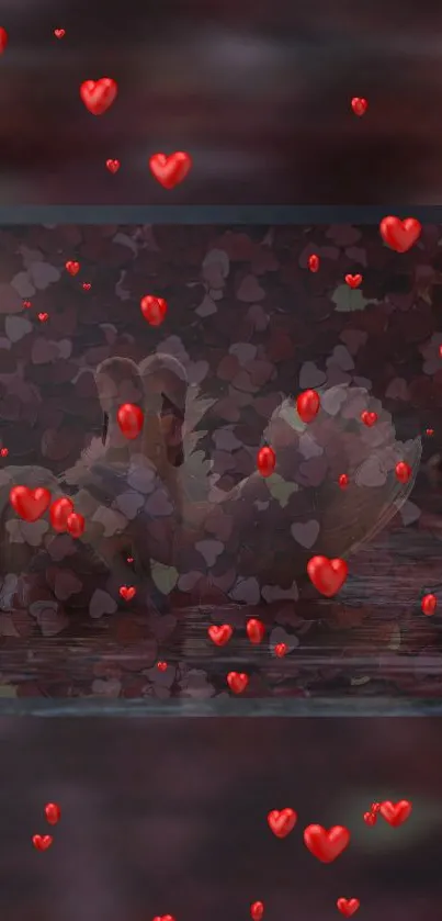 Enchanted mobile wallpaper with floating red hearts.