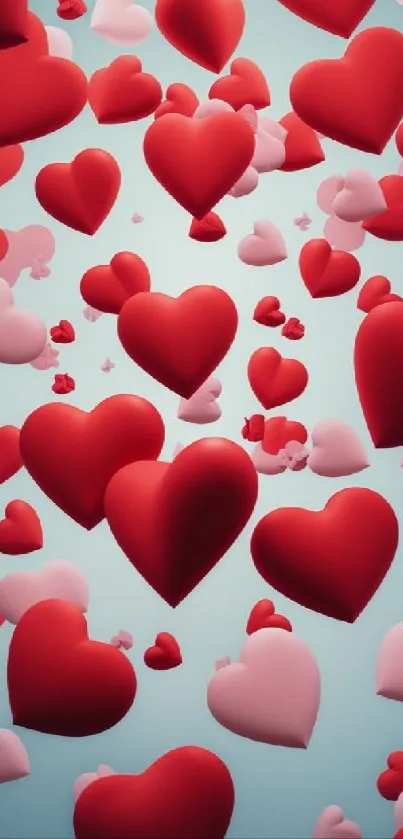 Floating 3D red and pink hearts on a blue background mobile wallpaper.