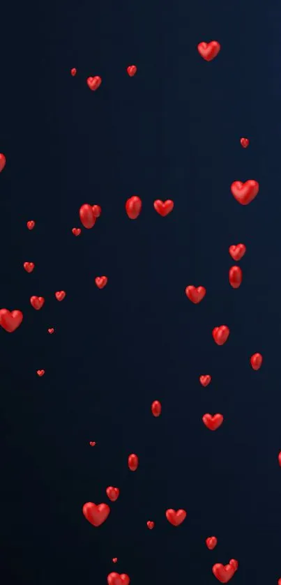 Mobile wallpaper with floating red hearts on a dark blue background.