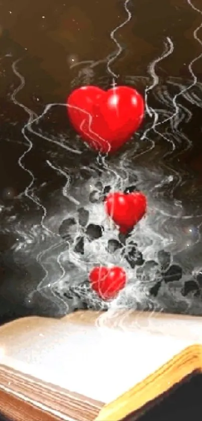 Floating red hearts above an open book with a smoke effect background.