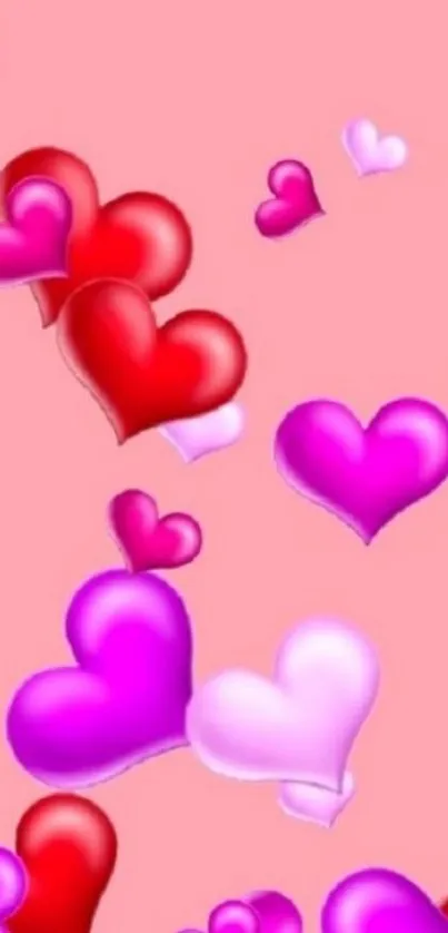 Pink background with red, pink, and purple hearts floating.