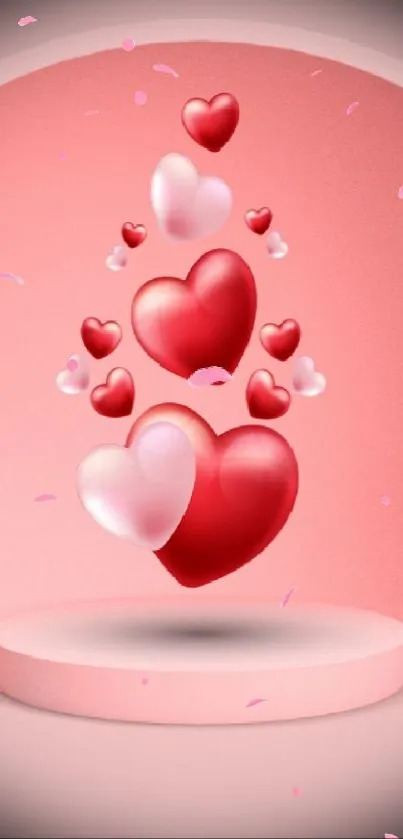 Vibrant pink wallpaper with floating red and white hearts.