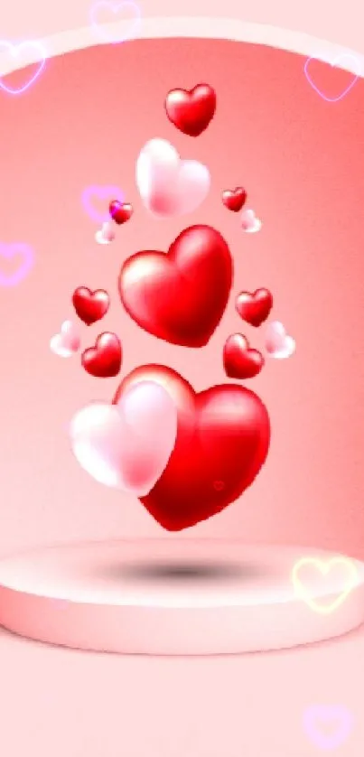 Mobile wallpaper with floating red and pink hearts on a soft pink background.