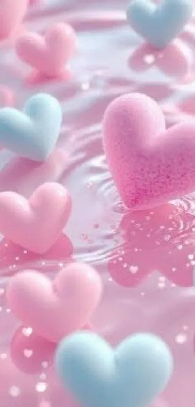 Pink and blue floating hearts on water background.