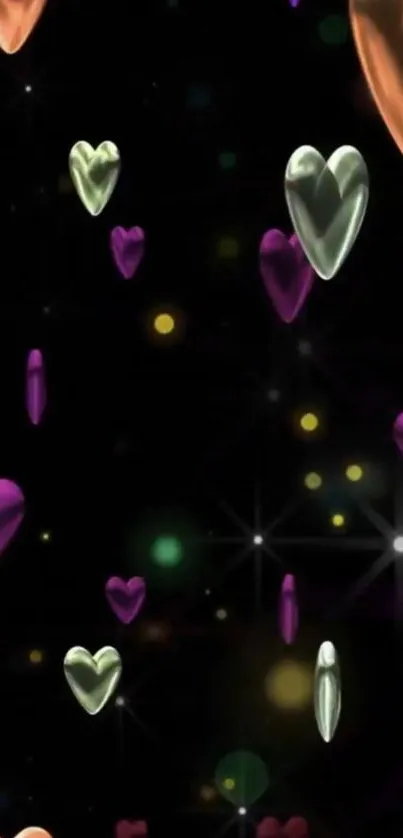 Colorful glowing hearts on a dark background mobile wallpaper.