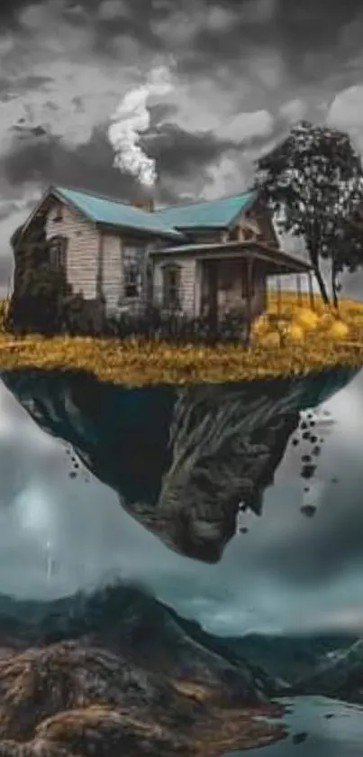 Floating house island with a cloudy sky background.