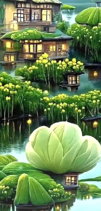 Floating houses and green plants on serene water.