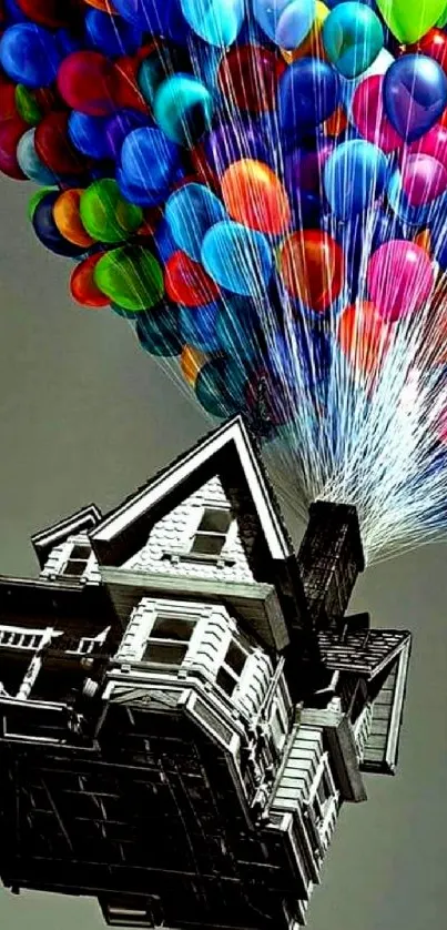 Floating house with colorful balloons in the sky, artistic phone wallpaper.