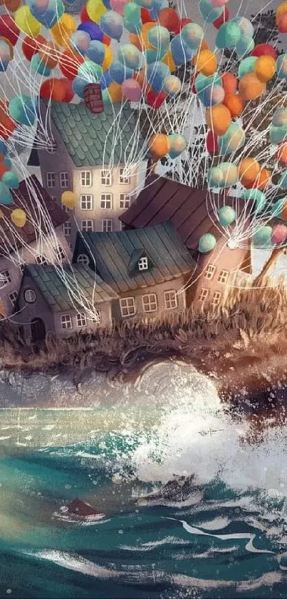 Artistic wallpaper of a house floating with balloons over an ocean wave.