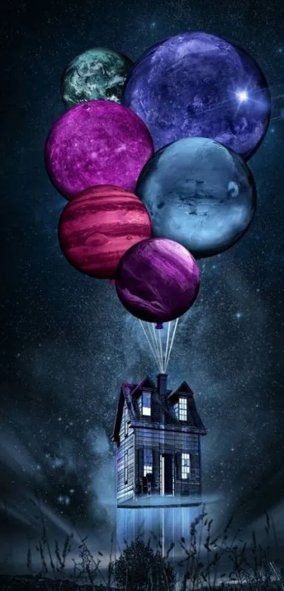 Floating house carried by colorful planet-shaped balloons in a starry sky.