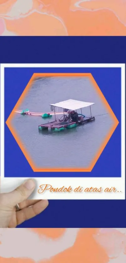 Floating hut on peaceful water with orange-pink border.