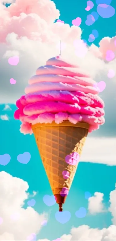 Pink ice cream cone floating among clouds in a vibrant blue sky.