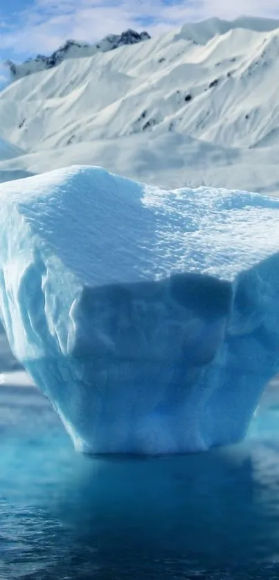 Serene iceberg floating in icy waters with snowy mountains.