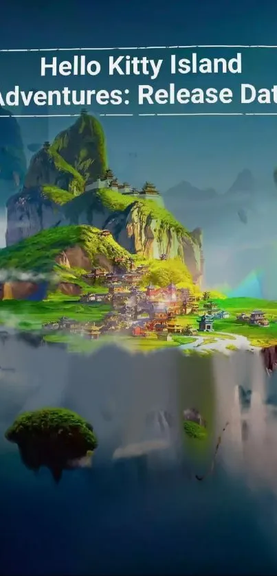 Fantasy floating island with lush greenery and mountains.