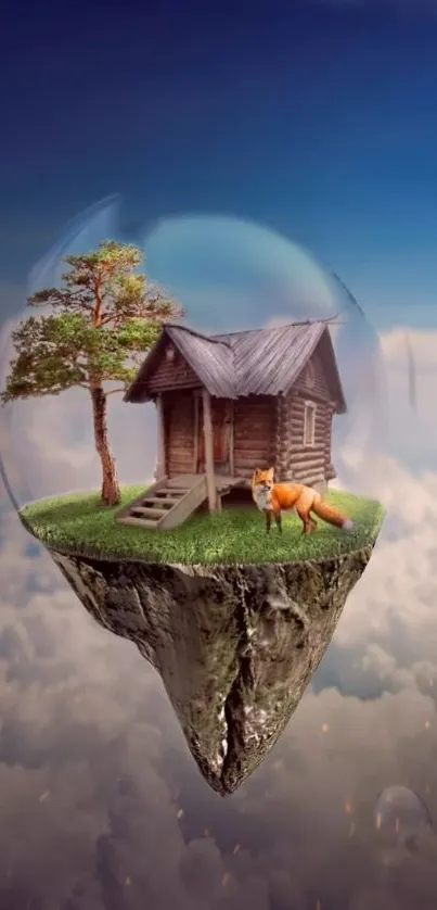 Floating island with cabin and fox in a dreamy sky setting.