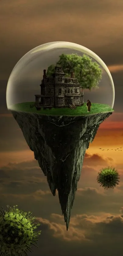 Surreal mobile wallpaper of a floating island with a house, tree, and sunset.